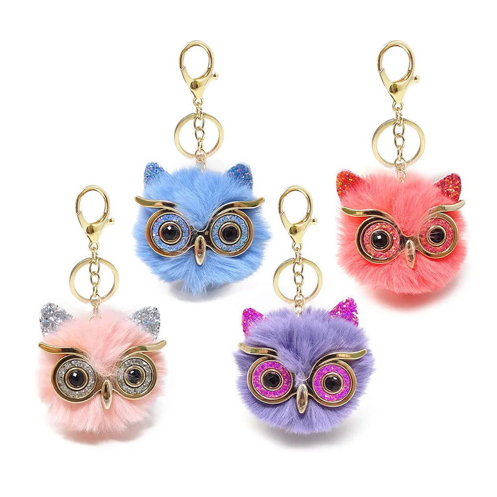 Cute Cartoon Sequin Metal Owl Fluffy Pom Pom Keychain Women Handbag Purse Backpack Pendant Animal Keyring Mom Gift