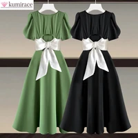 2022 autumn new korean fashionable elegant womens dress bow belt decoration short sleeve pleated chiffon party dresses