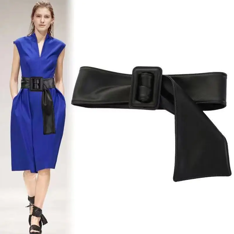 Pu Leather New Women's Wide Belt Red Fashion Gradient Width Waist Seal Smooth Buckle Dress Decorated With Wide Belt 68-80CM