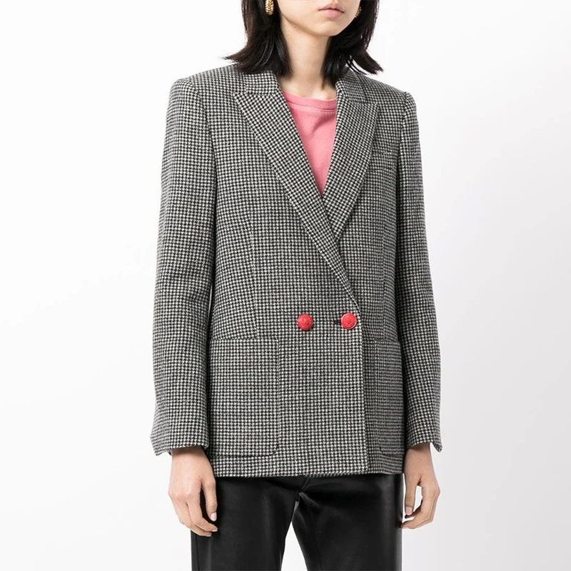 

Houndstooth Suit Women Spring Autumn Fashion Wool Blend Plaid Blazer Casual Loose Jacket Office Ladies Tailored Coat