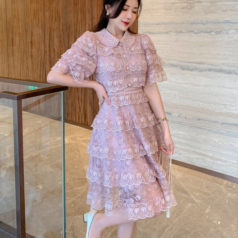 

Summer Runway Desigher Short Sleeve Chic Elegant Sweet Lace Cake Dresses Chic Mesh Vestidos