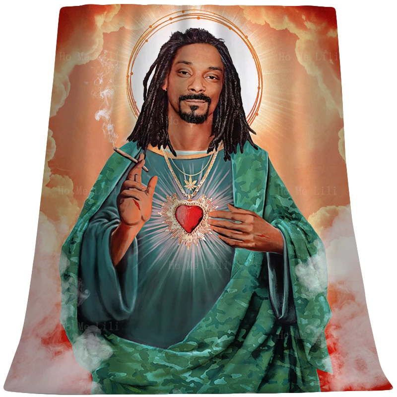 

Jesus The Rock Star Sacred Heart Meme Art Smoking Orange Background Novelty Funny Soft Cozy Flannel Blanket