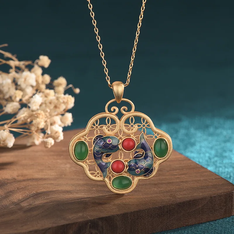 

China Style Accessories Necklace Enamel Color Carp Gold Safe Lock Inlaid Natural Jade Vintage Necklaces for Women Jewelry Gift