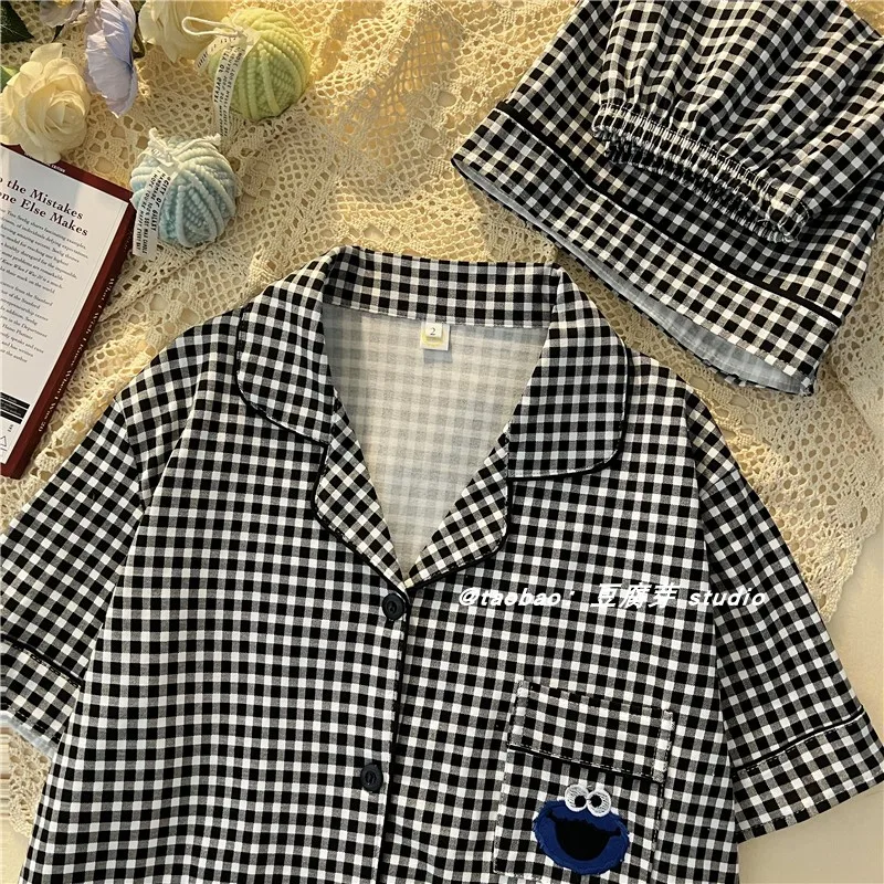 Summer New Ins Pajamas Women Japan fashion Plaid Sesame Street Thin Short sleeve Shorts Homewear Set Can Be Worn outside