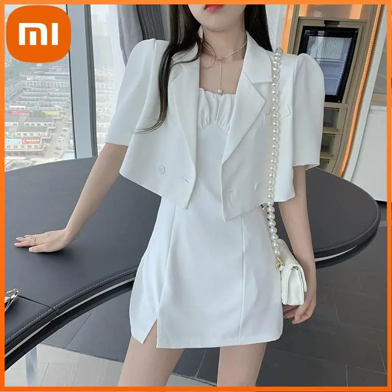 

Xiaomi Summer Female 2 Pieces Sets Office Lady Elegant Women Dress Suits Short Blazer Jacket & Spaghetti Strap Mini Dress