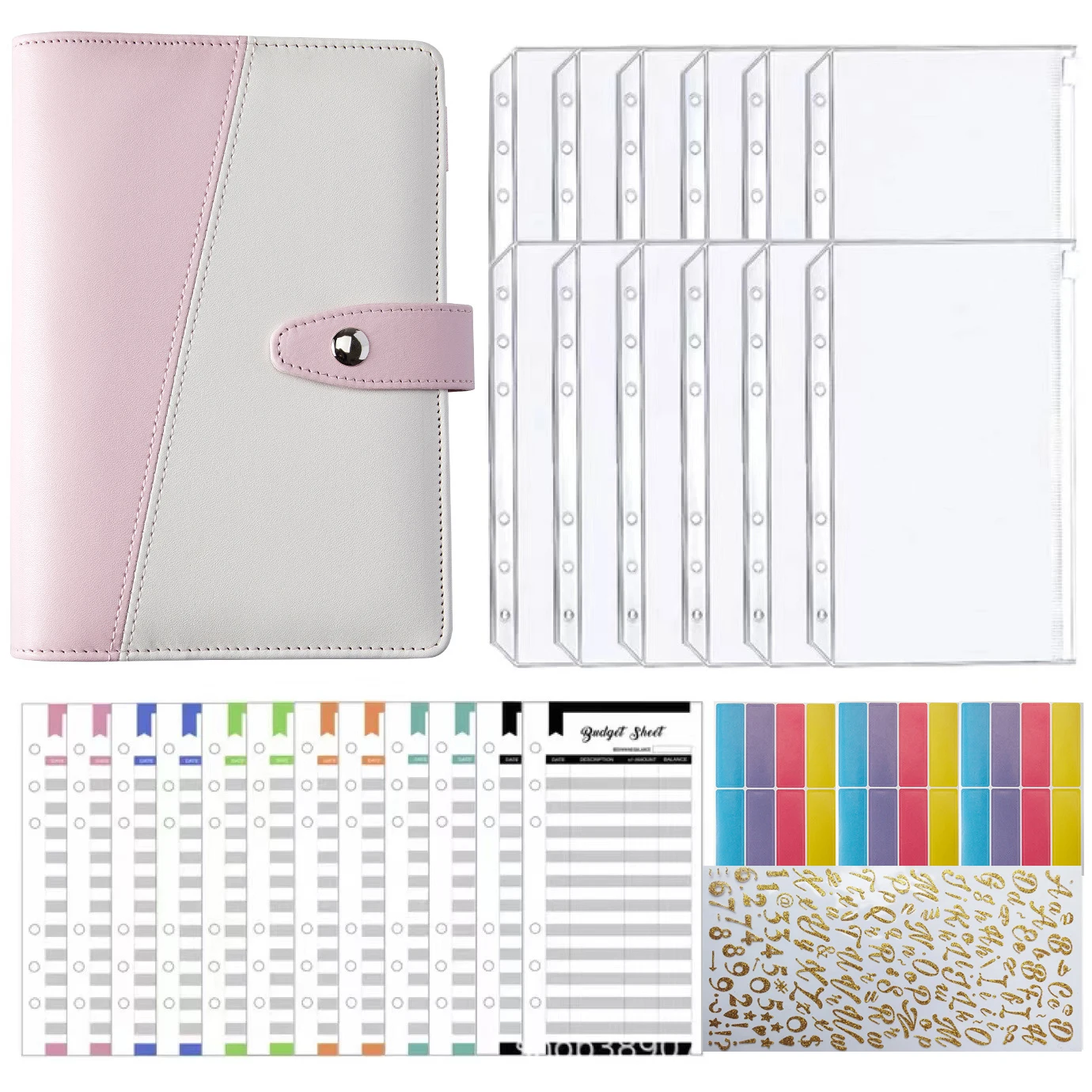 

A6 Pu Binder Budget Planner Cash Zipper Packets Budget Sheets Gold Letter Stikers Lables Diary Agenda School Stationery 29pcs