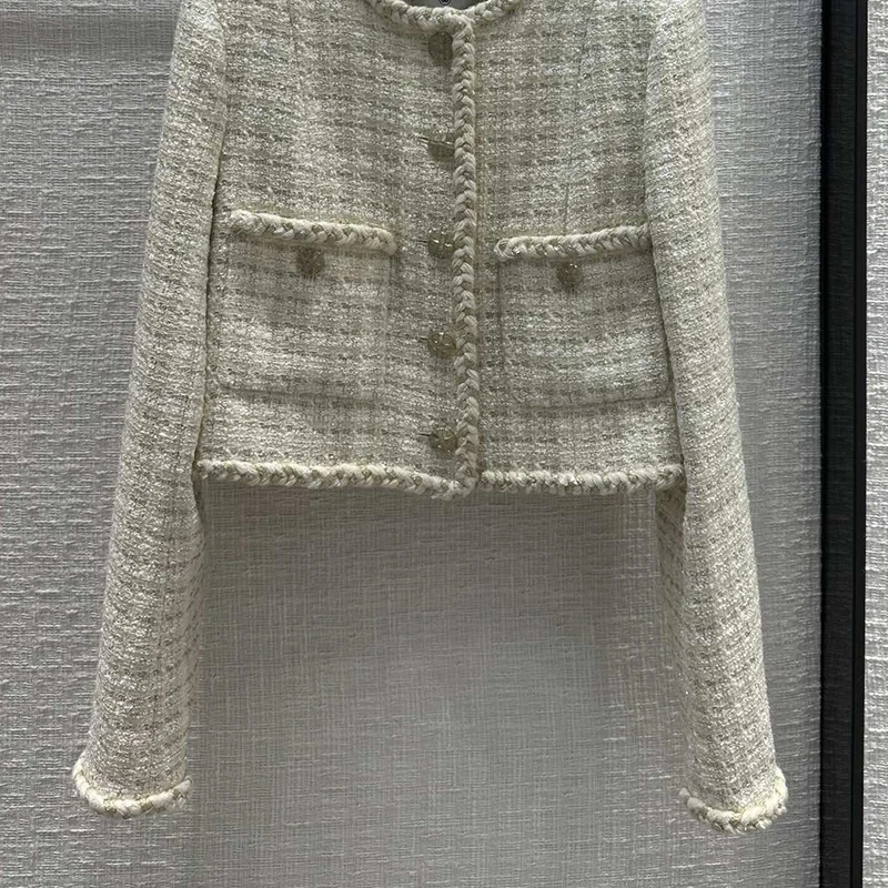 

Женская твидовая короткая куртка, однотонная однобортная подиумная куртка из смешанной шерсти с круглым вырезом, Y2K, одежда для ранней осени 23