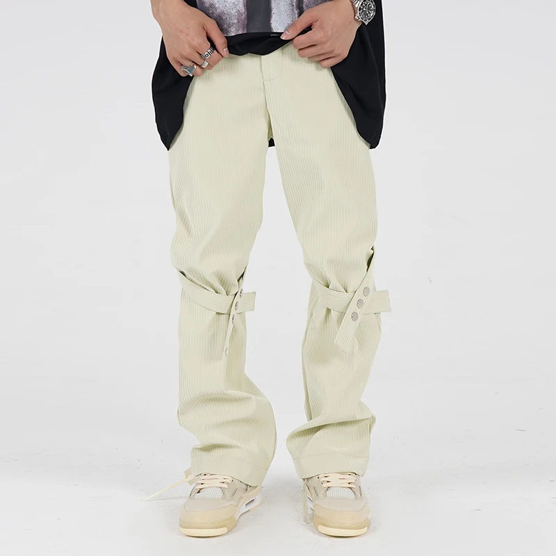 

Retro Knee Lace Up Straight Casual Trousers for Men and Women High Street Oversize Cargo Pants Baggy Hip Hop Overalls