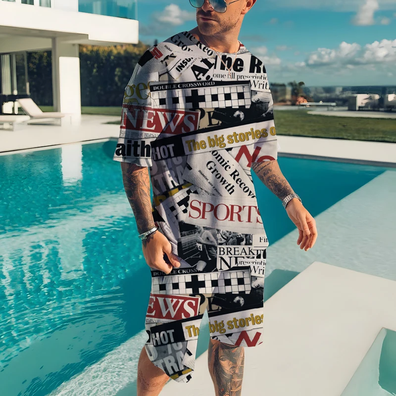 

Мужской комплект из двух предметов, футболка с 3D-принтом и коротким рукавом, Пляжная футболка с надписью, лето 2023