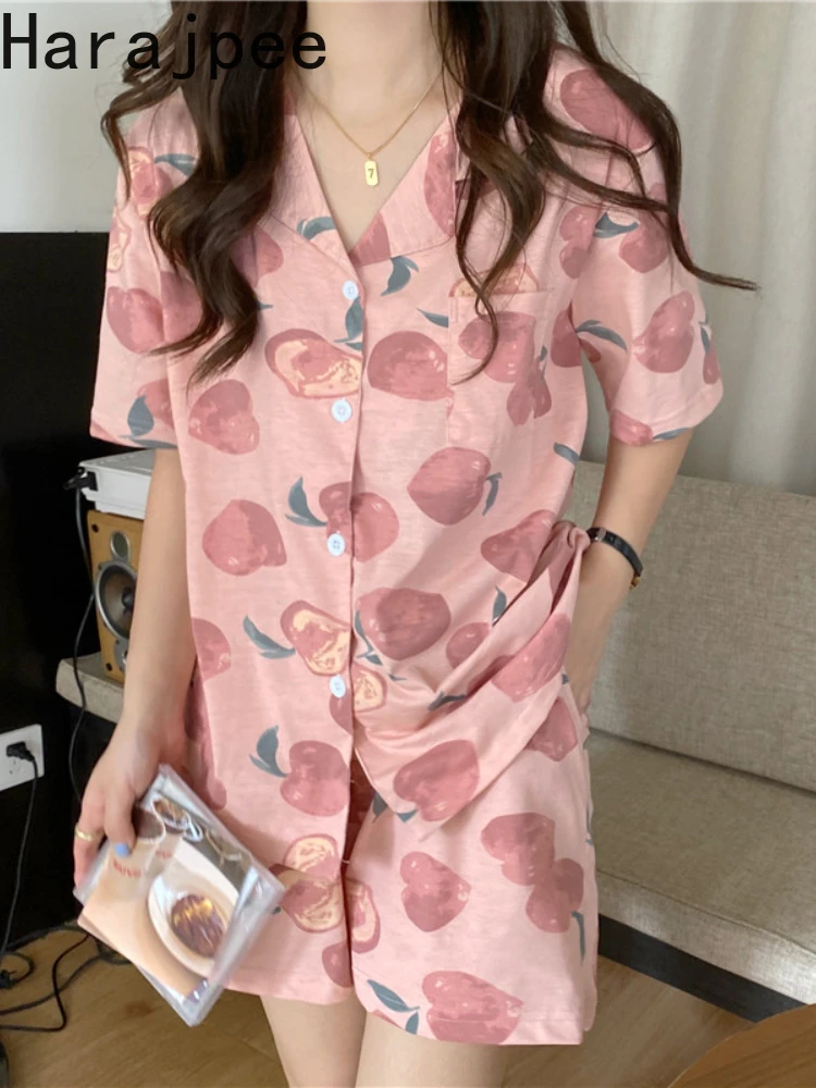 

Harajpee Ins Peach Printing Pajamas Two Piece Set Summer New Women Sleepwear Short Sleeve + Shorts Suit Loose Casual Homewear