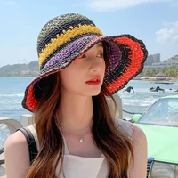 summer bucket hats for women straw made rainbow crochet foldable parent girls panama female fashion leisure beach sun visor caps