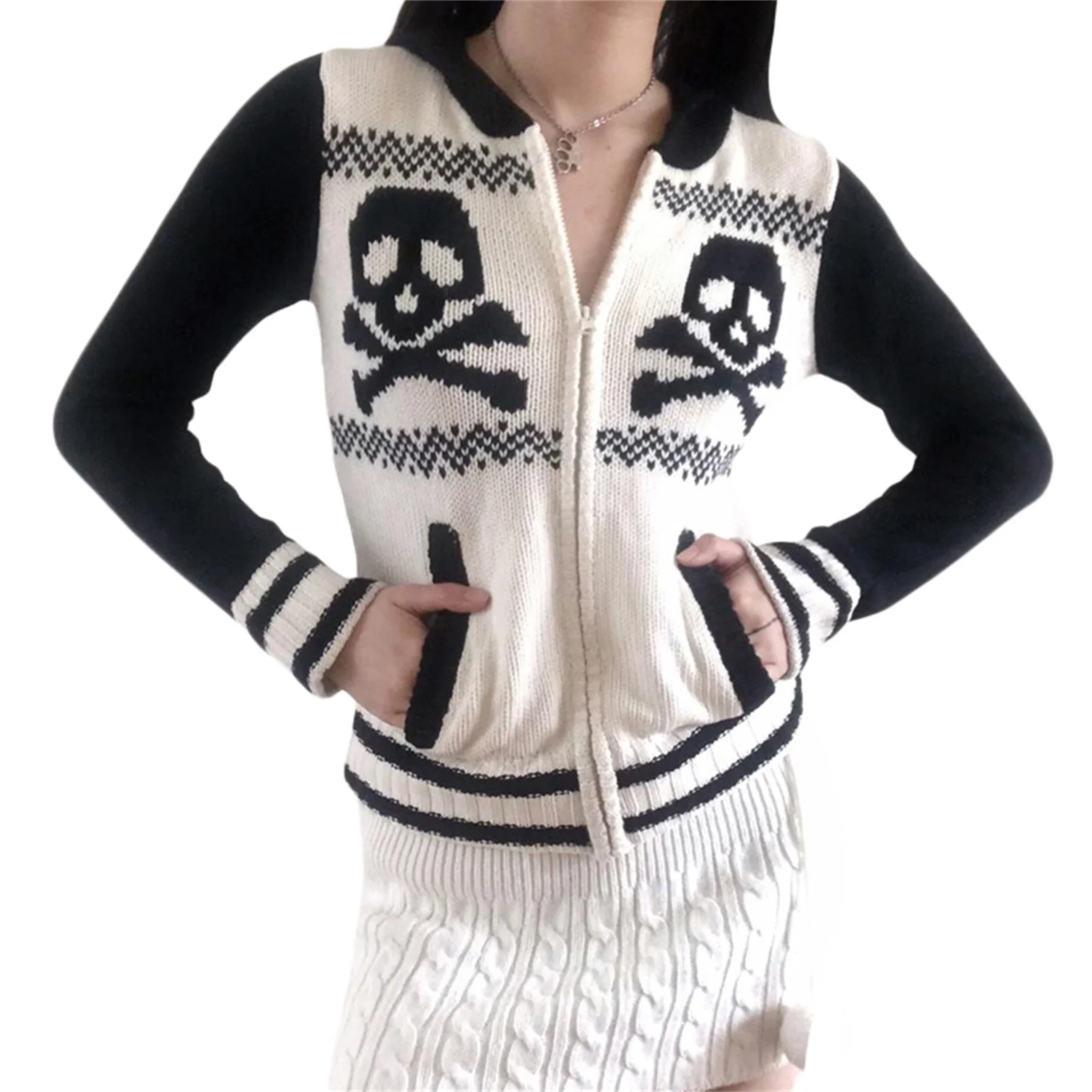 

Women's New Spring Autumn Hooded Knit Long Sleeve Skull Print Patchwork Top With Pockets Y2K Gothic Knit Sweater Cardigan
