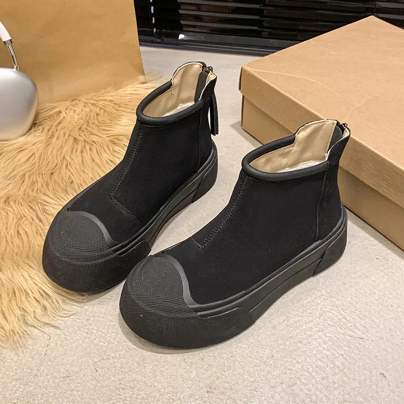 Замшевые ботильоны на платформе плоской подошве женские теплые плюшевые