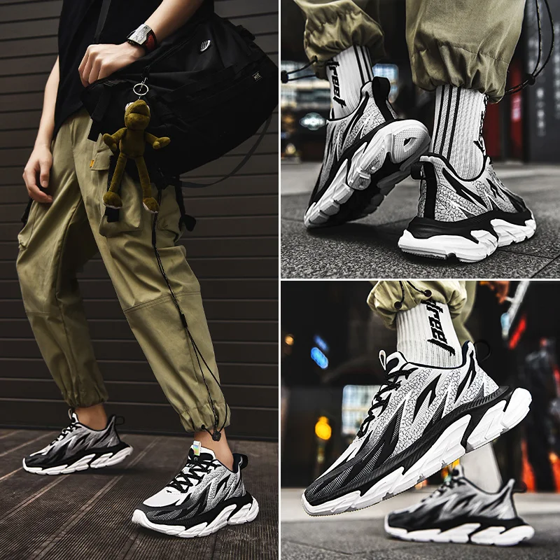 JIEMIAO New Men Sneakers Fashion Flame Texture Upper Sport Running Shoes Outdoor Comfortable Breathable Casual Shoes