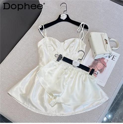 

2022 Summer Dress New Retro French Style Three-Dimensional Chest Back Waist-Tight Slimming Short Satin Sexy Suspender Dresses