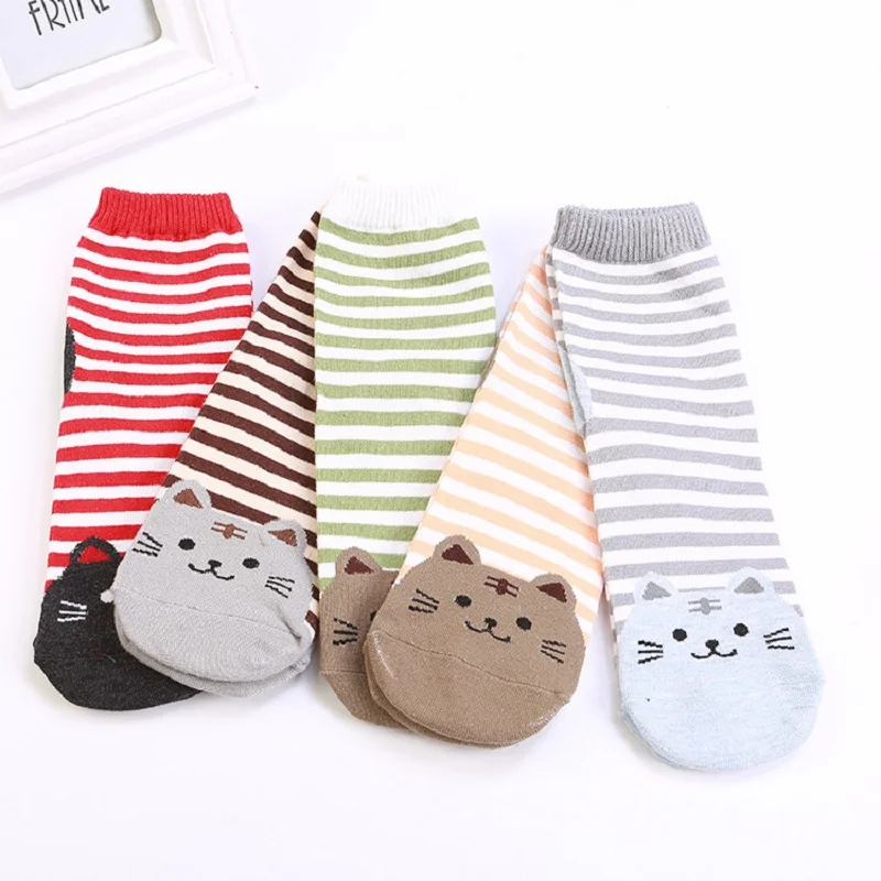 

Носки в полоску с забавным принтом кота, Мультяшные носки, удобные носки в стиле Харадзюку, женские носки с милыми животными, хлопковые носки, кавайные носки