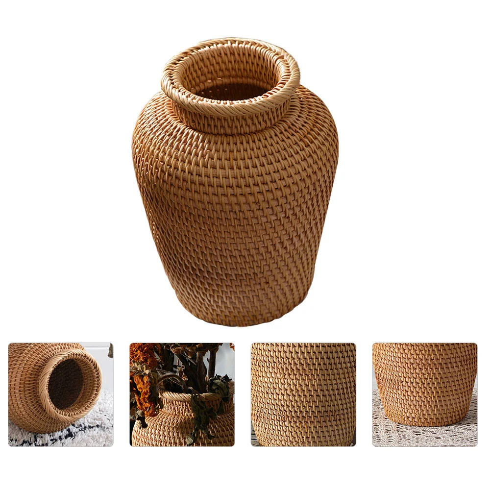 

Vase Flower Wicker Pot Seagrass Rattan Basket Woven Rustic Planter Driedfarmhouse Holder Cup Desktop Container Brush Round