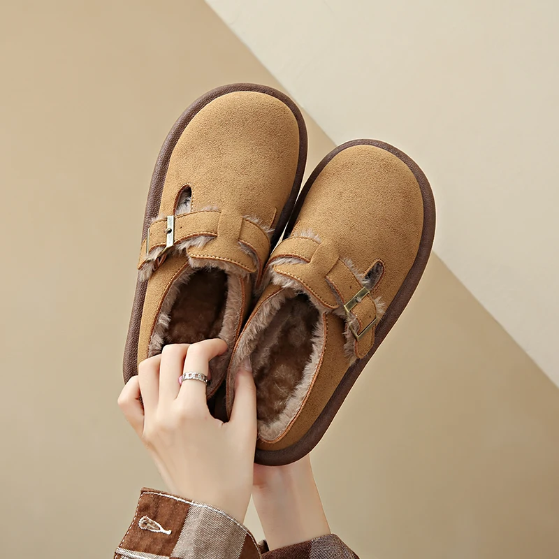 

2023 Women's Autumn and Winter New Fashion Solid Color Thick Sole Warm Wool Cotton Slippers Baotou Home Flat Shoes Women's