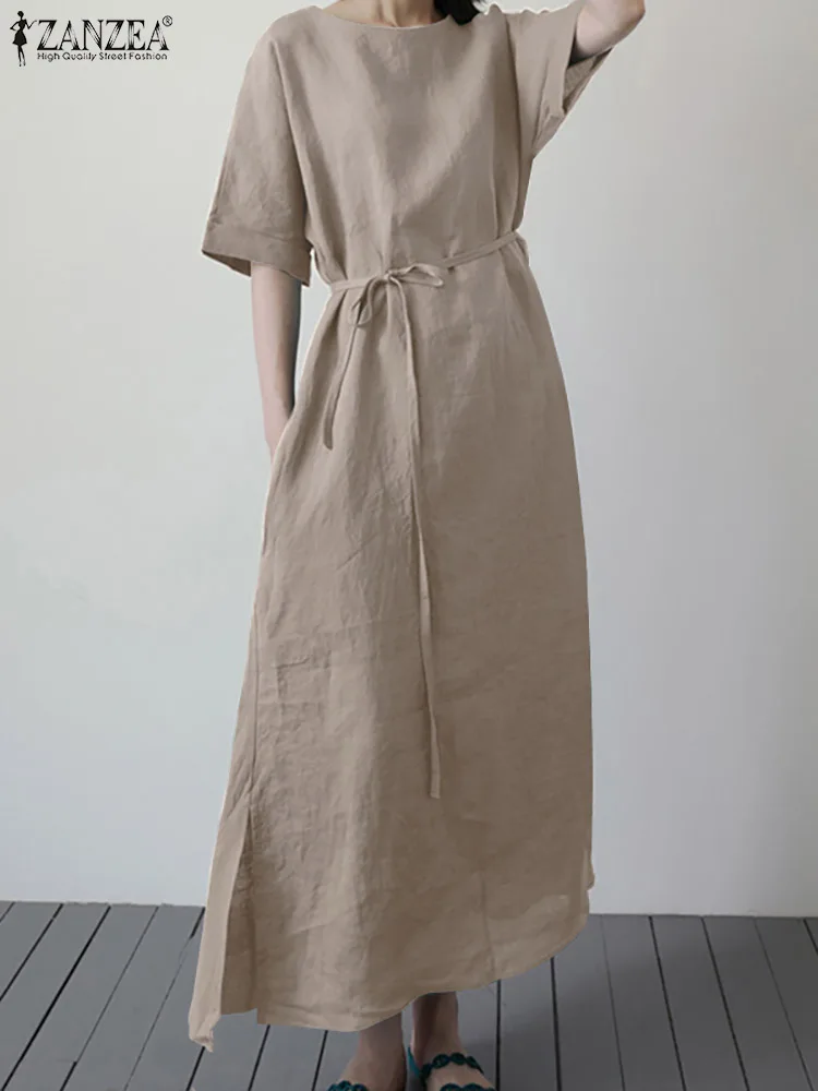 

Элегантный праздничный свободный сарафан ZANZEA, элегантное однотонное платье миди с круглым вырезом и рукавом до локтя, модное повседневное ...