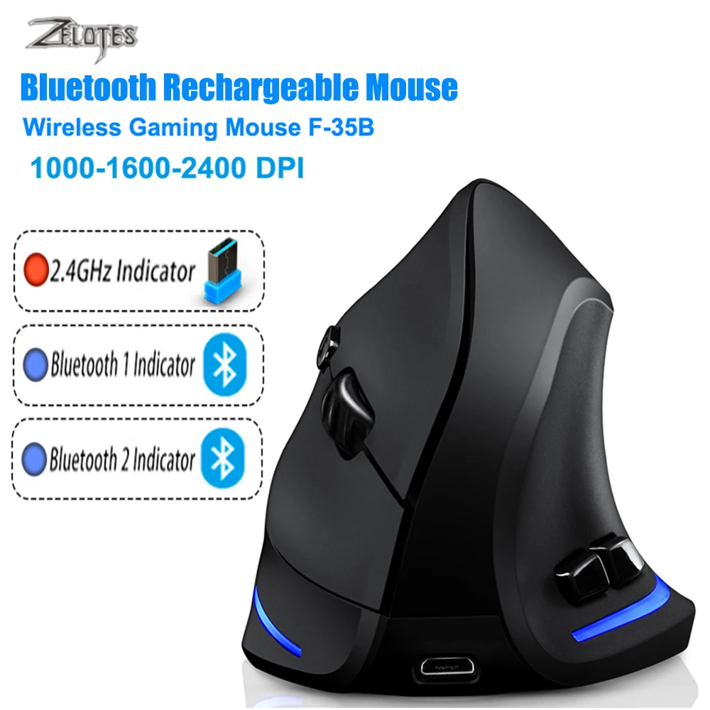 ZELOTES Bluetooth Mouse Vertical Wireless Mouse Recharge Optical RGB USB Game Mice For Windows Mac 2400 DPI 2.4G For PUBG LOL CS