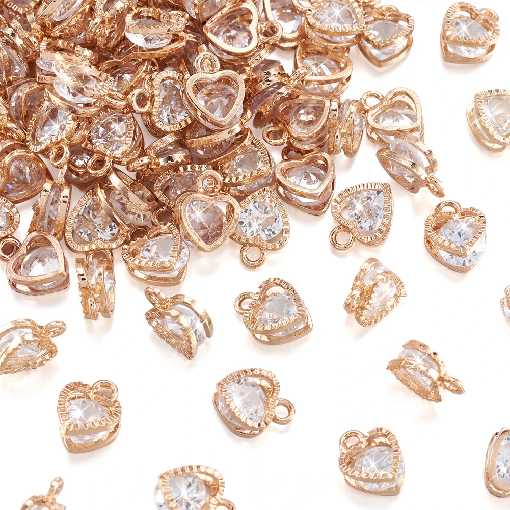 

100pcs Heart Alloy Pendants With Cubic Zirconia Golden Plated For Women Necklace Earring Jewelry Making Accessories 12x8.5x5mm
