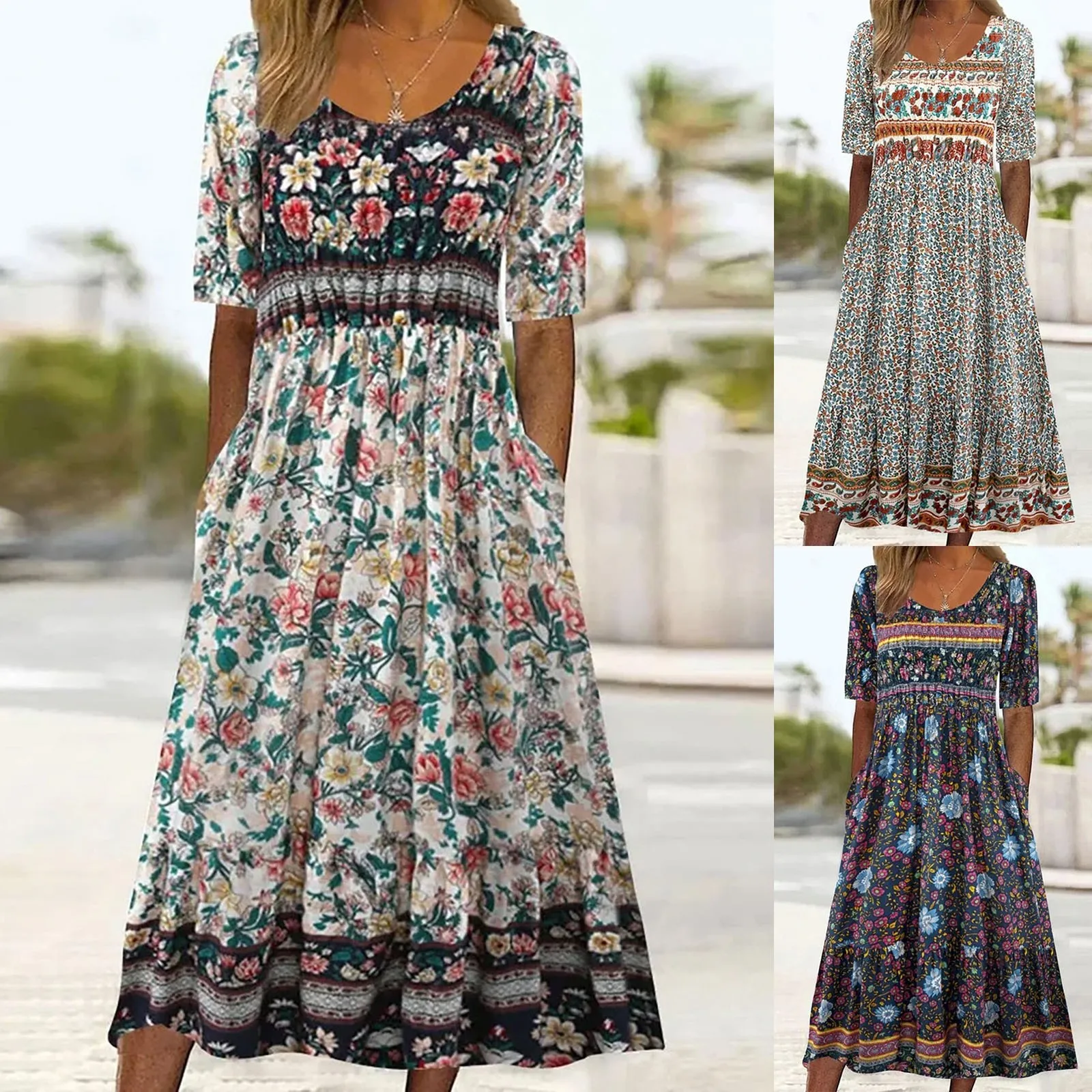 

Женский сарафан с коротким рукавом, круглым вырезом и карманами