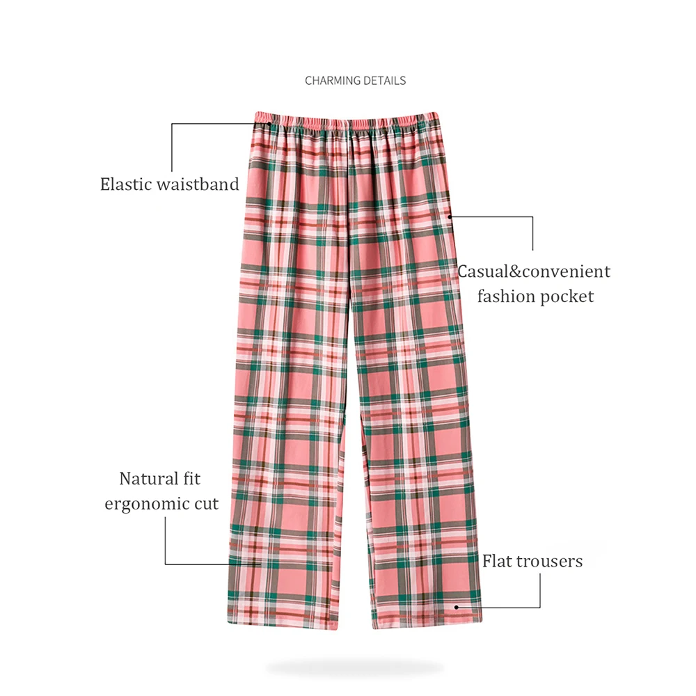 Autumn Women's Clothes Cotton Pajamas Pants Casual Plaid Solid Sleep Bottoms Long Pants for Women Elastic Waist Soft Sleepwear