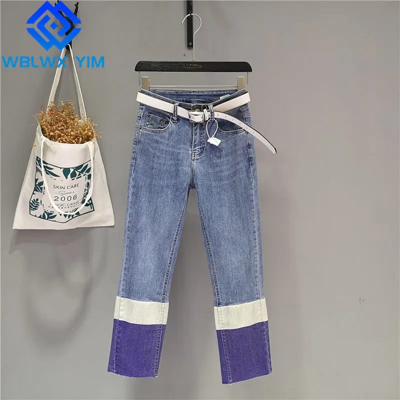 

High waist Jeans Women Fashion Contrast Color Jeans Autumn Womens Loose Washed Jeans Casual Stretch Denim Straight Pants 2022