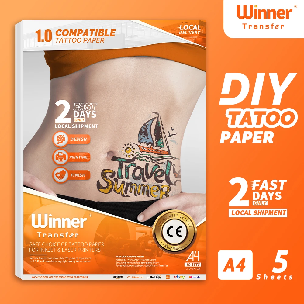 WinnerTransfer Clear Tattoo Transfer Paper Printable Temporary Tattoos For Laser&Inkjet Printer Tattoo Printing Paper A4 5sheets