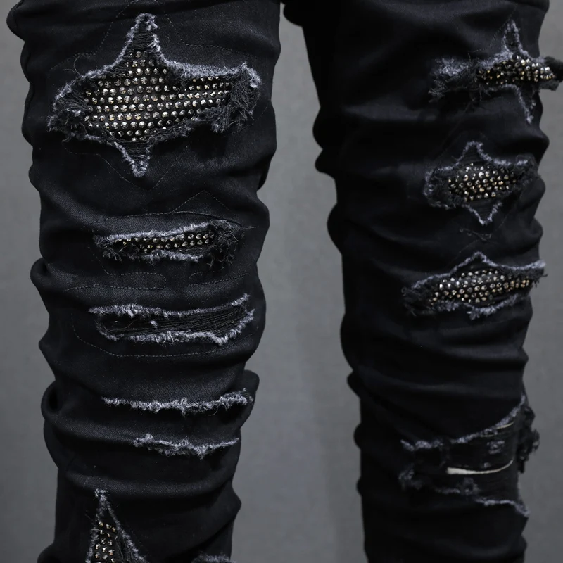 Street Fashion Men Jeans High Quality Black Stretch Skinny Ripped Jeans Men Beading Patched Designer Hip Hop Brand Pants Hombre