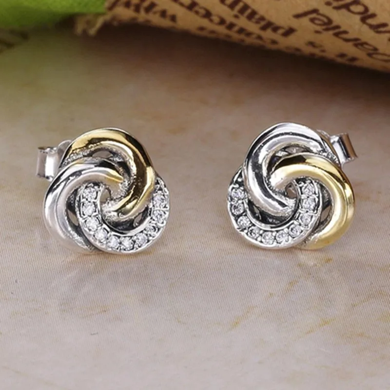 

Authentic 925 Sterling Silver Gold Interlinked Circles With Crystal Stud Earrings For Women Wedding Gift Fashion Jewelry