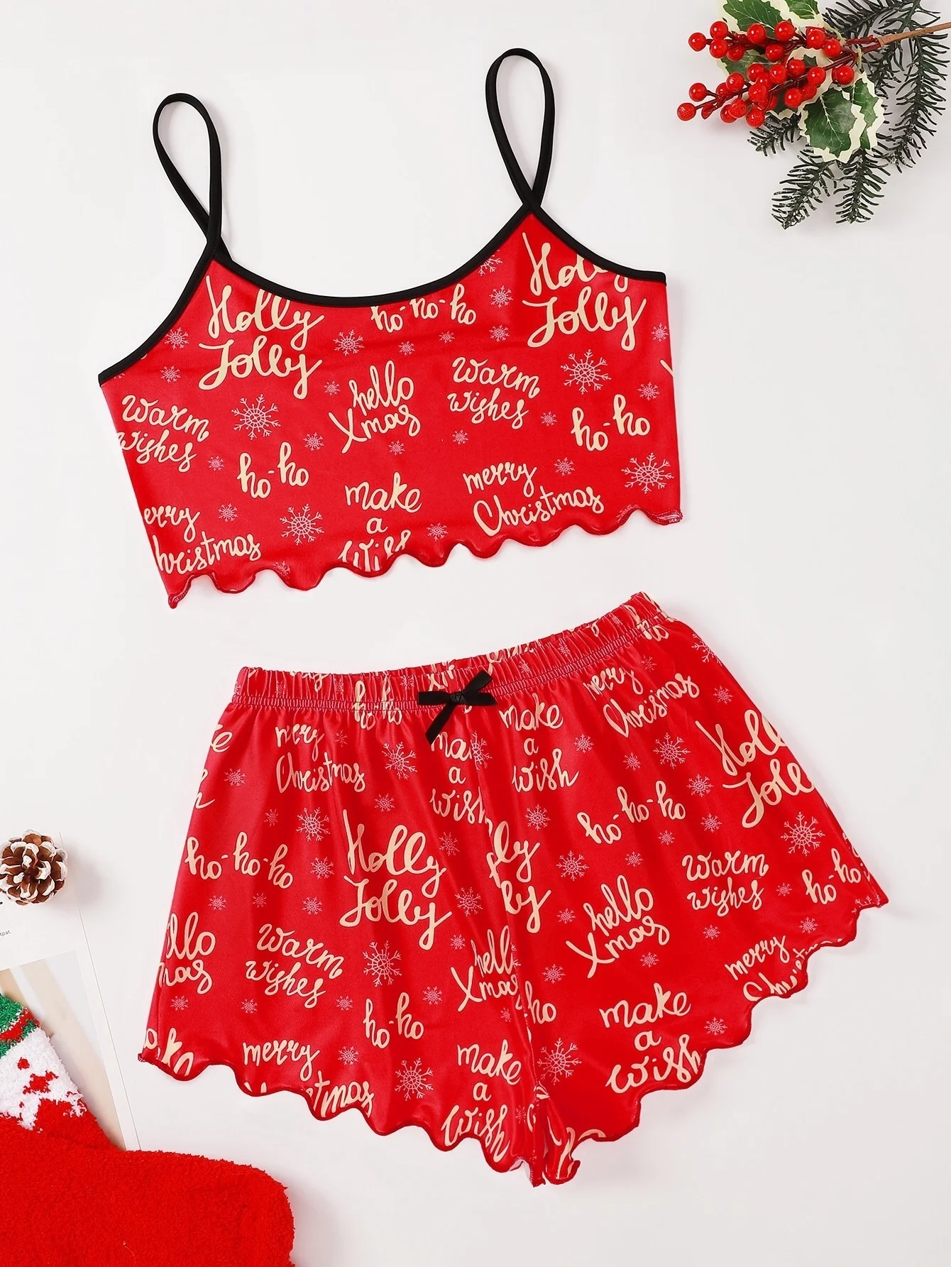

2021 New Style Lady's Merry Christmas Camisole With Shorts Pajama Set Letter Print Casual Home Wear Sleepwear Underwear Suits