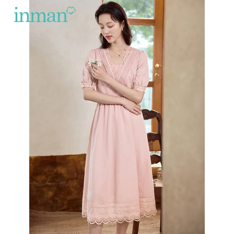 

INMAN Women Dress 2023 Summer Short Sleeve V Neck A-shape Lace Cuffs Neckline Hem Cotton French Gentleness White Pink Skirt