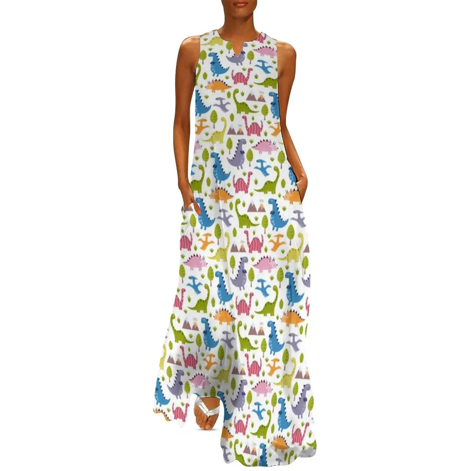 

Cartoon Dinosaurs Dino Dress Paleontologist Cute Elegant Maxi Dress V Neck Print Casual Long Dresses Aesthetic Oversize Clothes