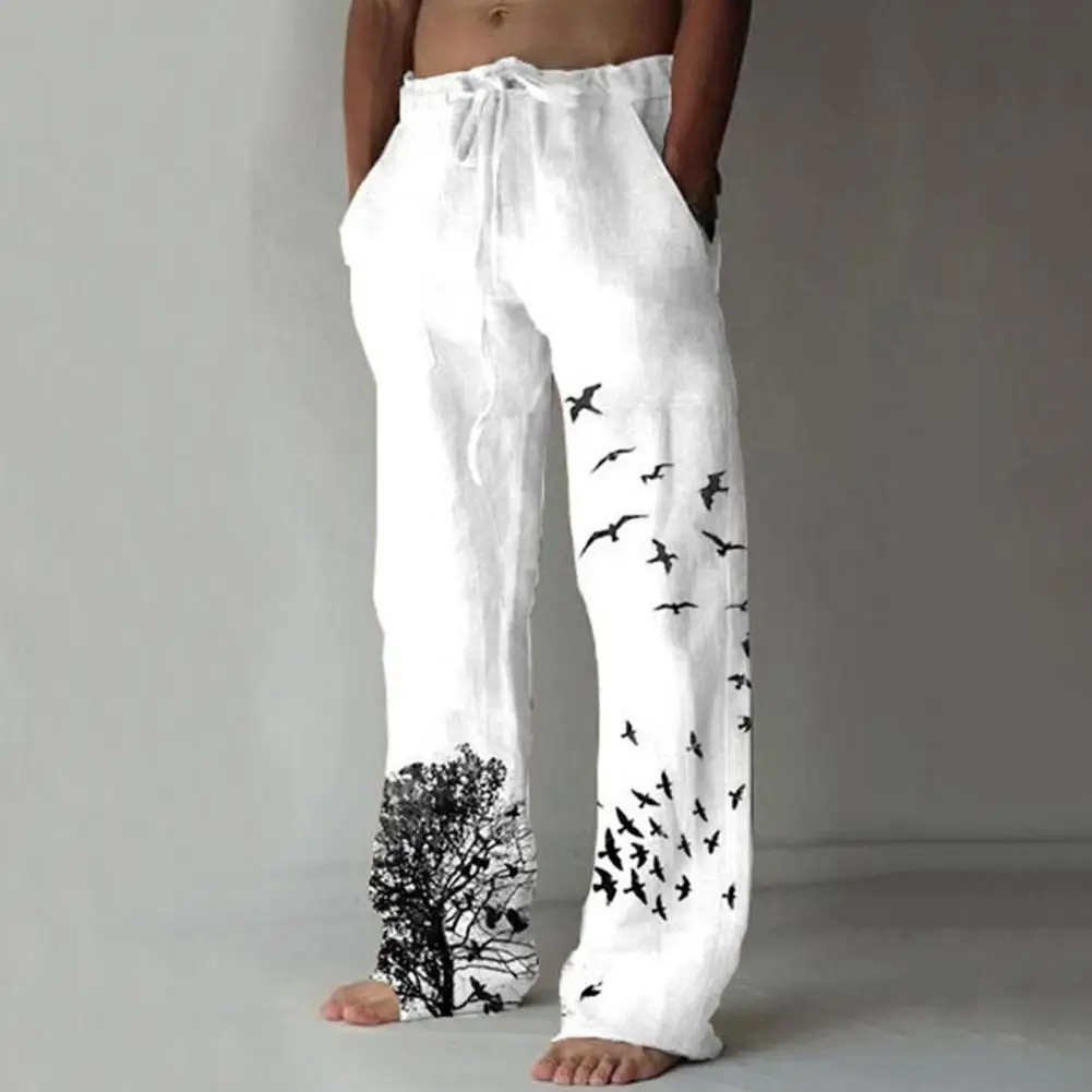

Casual Men Pants Long Straight Trousers Animal Printing Lace-up Mid Waist Trousers Pockets