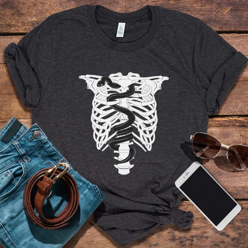 

Skeleton Shirt Ribcage Women Clothes Witch Shirt Witchy Clothing Goth Snake Graphic Tee Aesthetic Summer Tops M