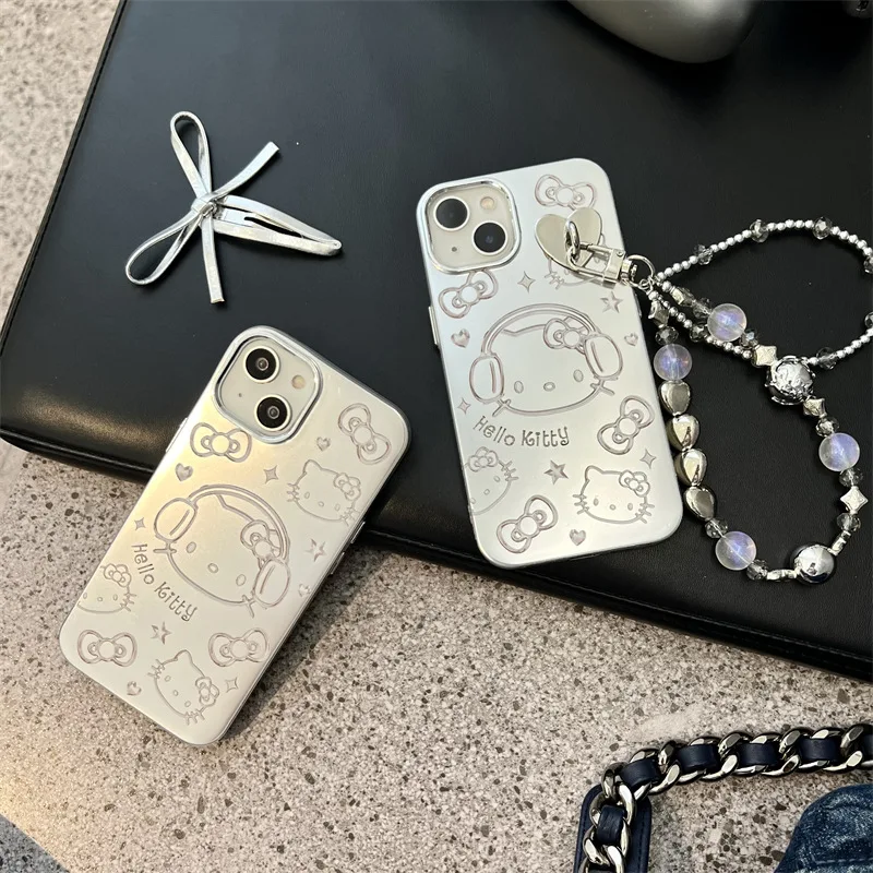 

Kawaii Sanrio Anime Hello Kitty Gothic Style Mirror Case for IPhone 15/14/13/12 Pro Max with Phone Pendant Fall Protection Case