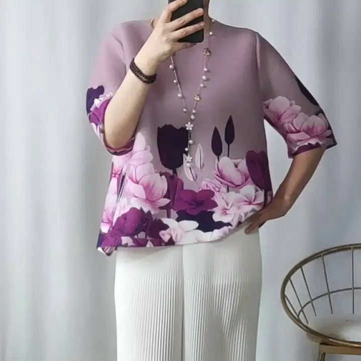 

T-shirt Chinese style pleated female 2022 new casual fresh floral print casual loose slim o neck half sleeve t shirt top women
