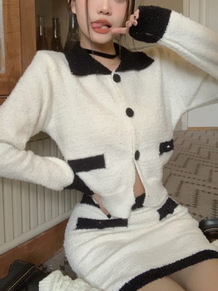 

Женский комплект из 2 предметов, элегантный облегающий Трикотажный костюм в Корейском стиле, короткий топ и мини-юбка Y2k, весна 2023