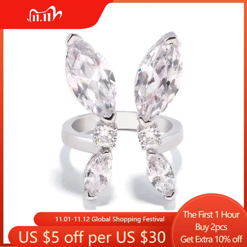 

Silver Color Luxury AAA Cubic Zirconia Butterfly Opening Rings for Women Exquisite Clear Crystal CZ Wedding Party Jewelry