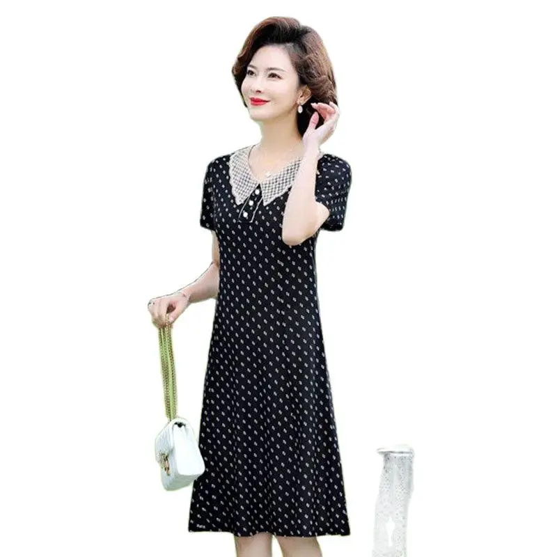 

Middle-aged Womens Noble Temperament Dress 2023 New Printing Slim Doll Collar Longloose And Comfortable Fashion Long Skirt Tide