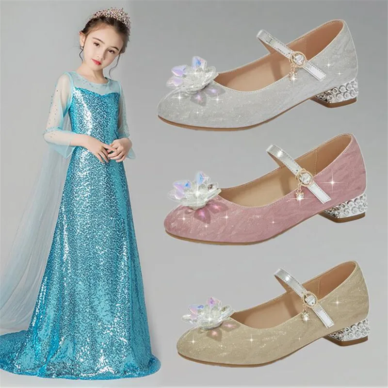 

Girls High-heeled Leather Shoes Princess Kids Flower Casual Glitter Sequined Upper Bow Decoration Children's Dance Shoes 3cm