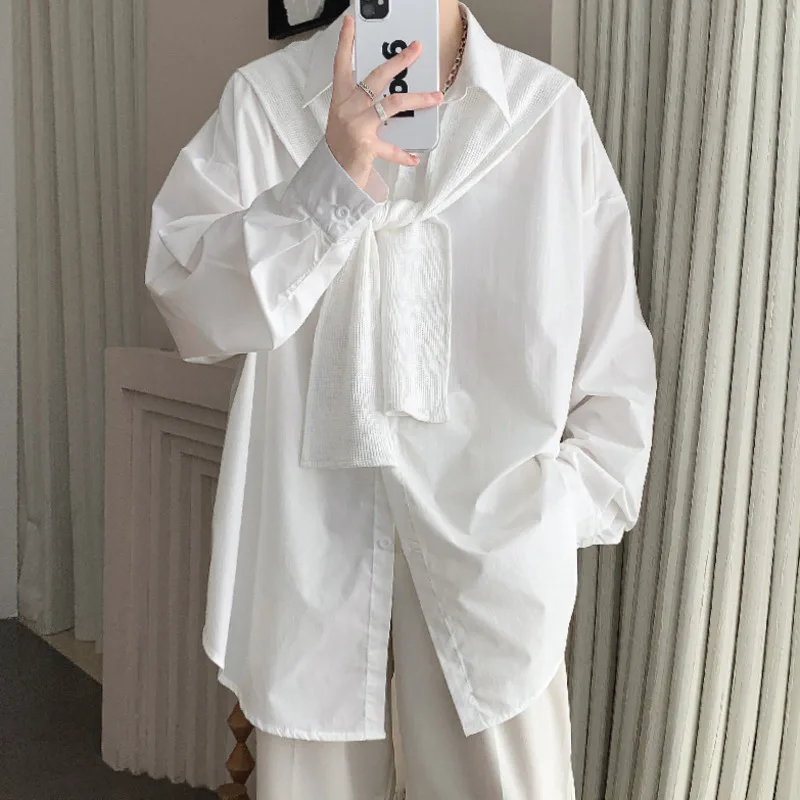 White Cape Long-sleeved Shirt Men Fashion Society Mens Dress Shirt Korean Loose Oversized Casual Shirt Men Formal Shirt M-2XL