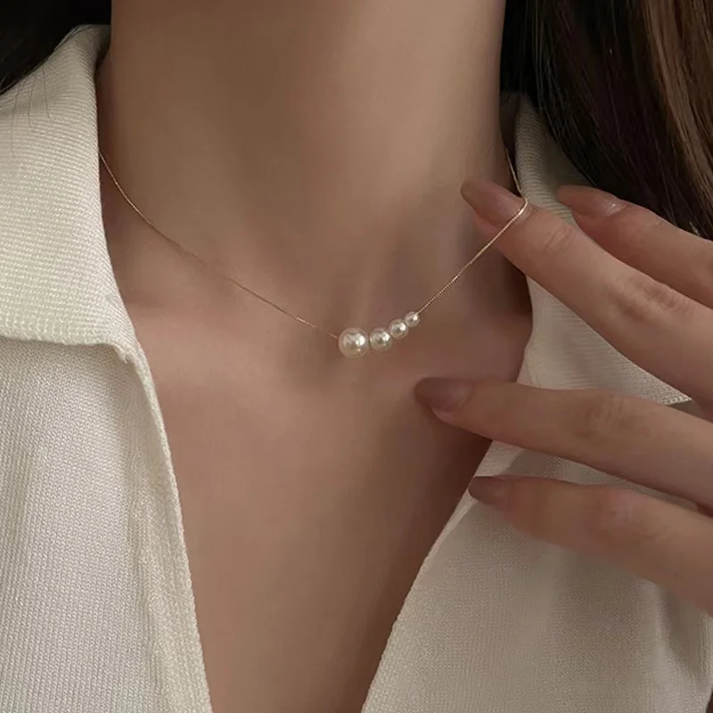 

New Gold Silk Chain Pearl Necklace Women's Summer 4 Pearl Collar Chain High Grade Feeling Neckchain Versatile And Simple