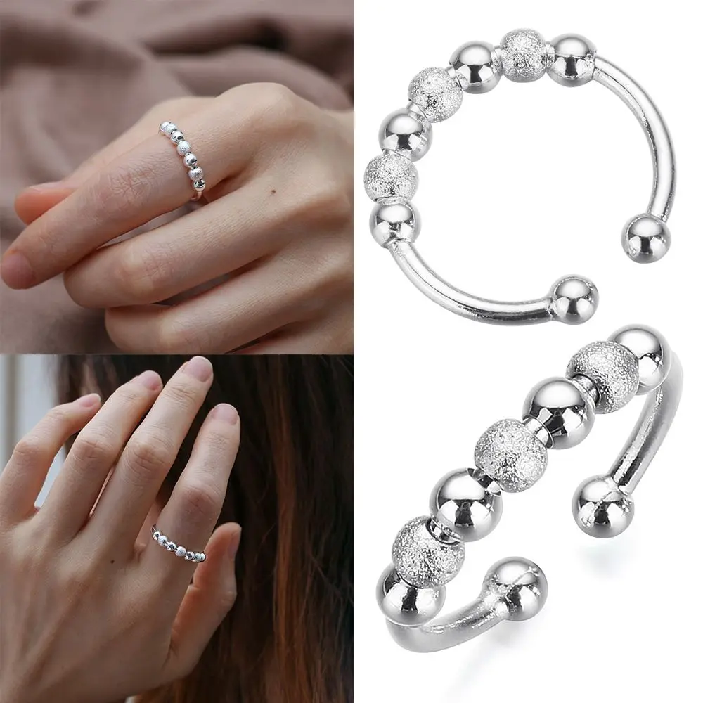 

Open Adjustable Spinner Fidget Silver Anxiety Ring With Beads For Women Spinning Worry Finger Rotating Spin Rings