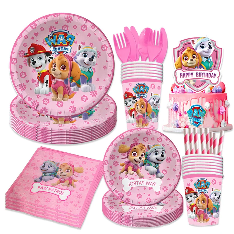 Набор для декора стола на день рождения в стиле Skye из мультсериала "Щенячий патруль": бумажные тарелки, стаканы, ложки и салфетки для детских вечеринок, подарки и игрушки для детей.