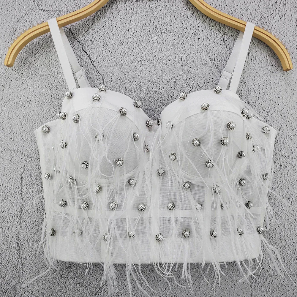 

Женский Повседневный укороченный топ Atoshare, белый сетчатый корсет с перьями и жемчужинами, 2022