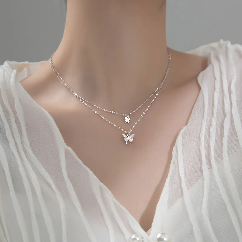 

925 Sterling Silver Double Layer Butterfly Temperament Diamond Necklace Rose Cold Clavicle Chain for Women Fine Jewelry Wedding