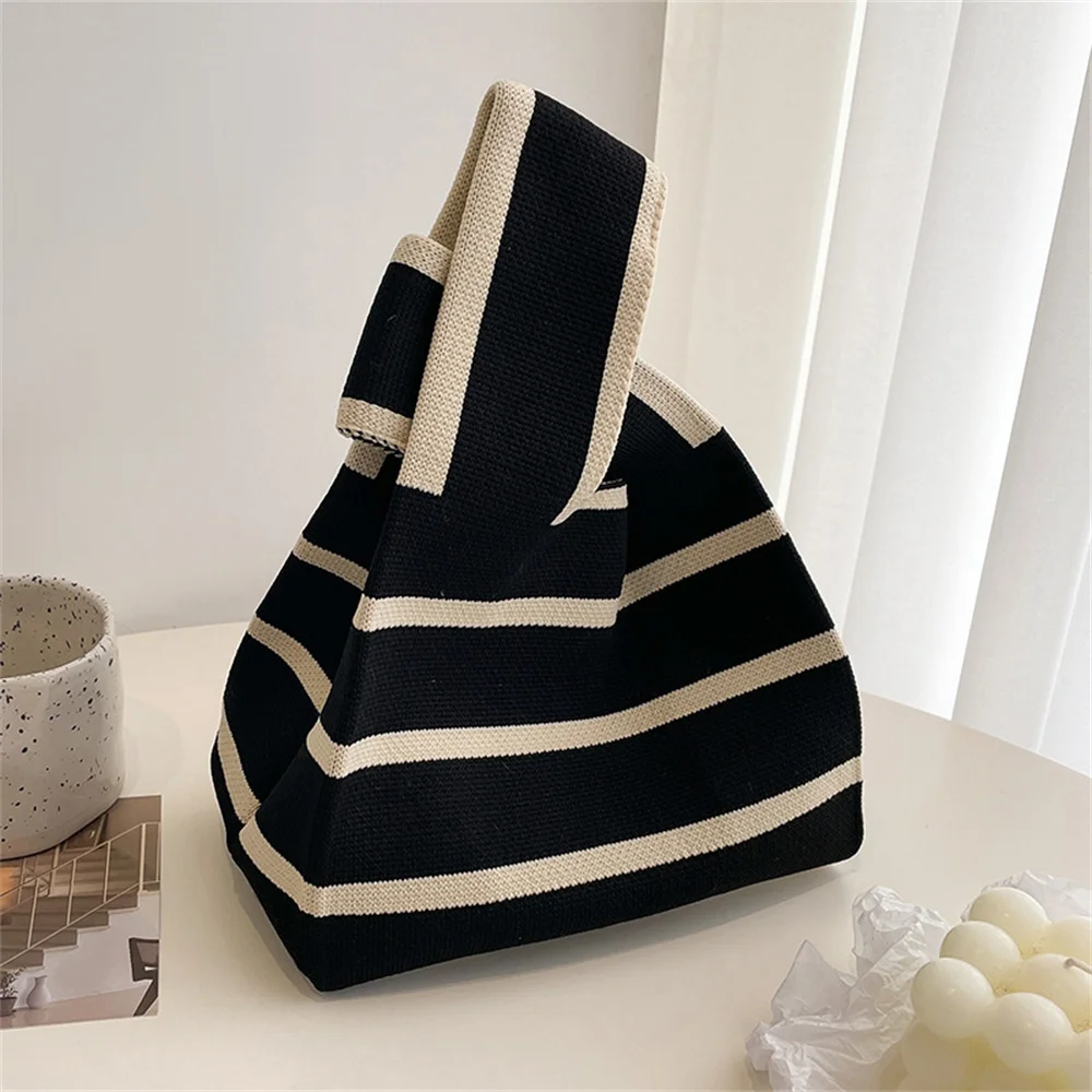 

New Wide Striped Handmade Knitted Handbag Minimalist Korean Women Mini Knot Wrist Bag Tote Bag Student Reusable Shopping Bags