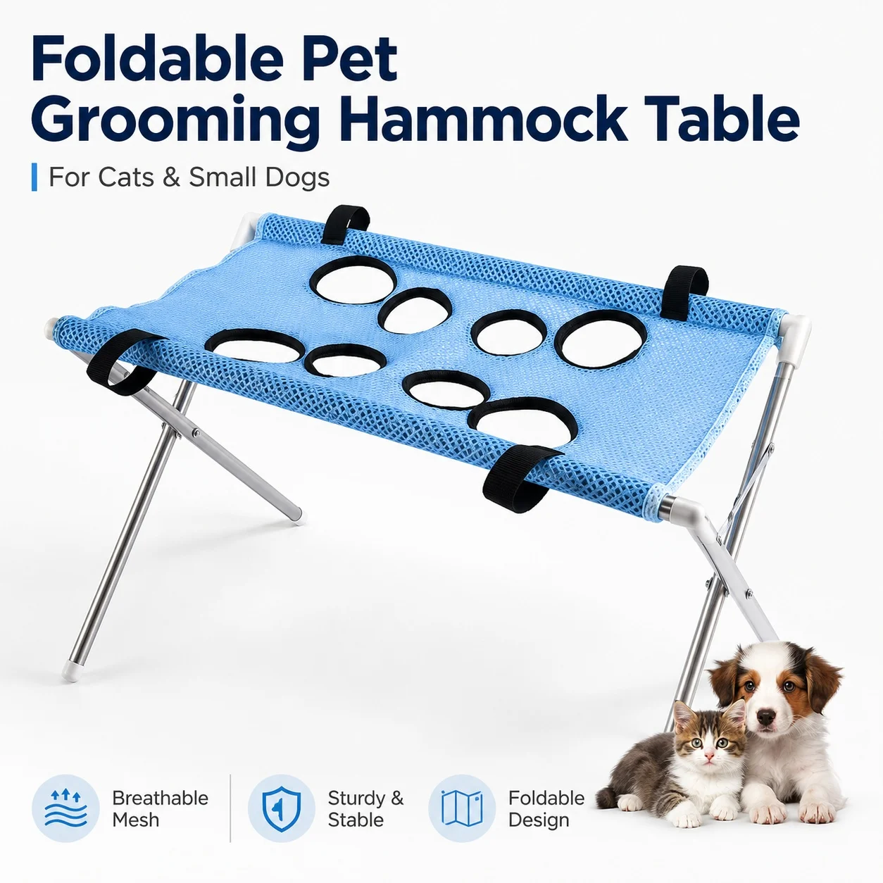 Фото Подставка-гамак для груминга животных, складной столик для стрижки когтей собак и кошек, из нержавеющей стали, портативная дышащая сетчатая кровать для ухода за маленькими питомцами. №2